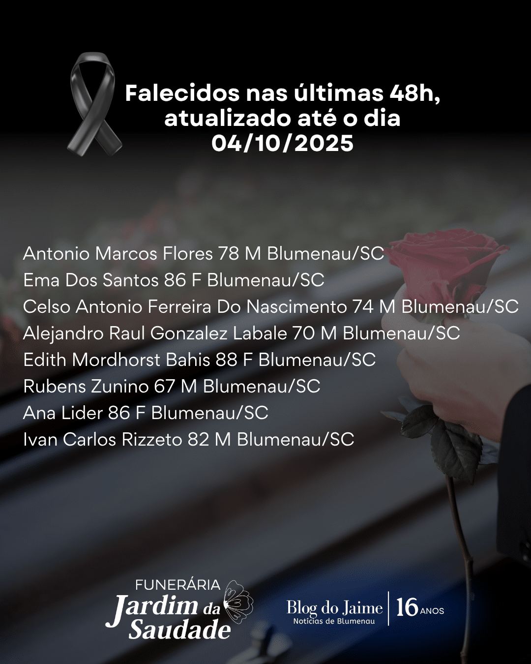 Falecidos nas últimas 48h, atualizado até o dia 04/10/2025 - Blog do Jaime